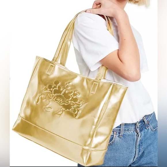 NWT Disney Gold Metallic Minnie & Mickey Mouse Tote Bag Shoulder Bag Purse - Picture 1 of 7